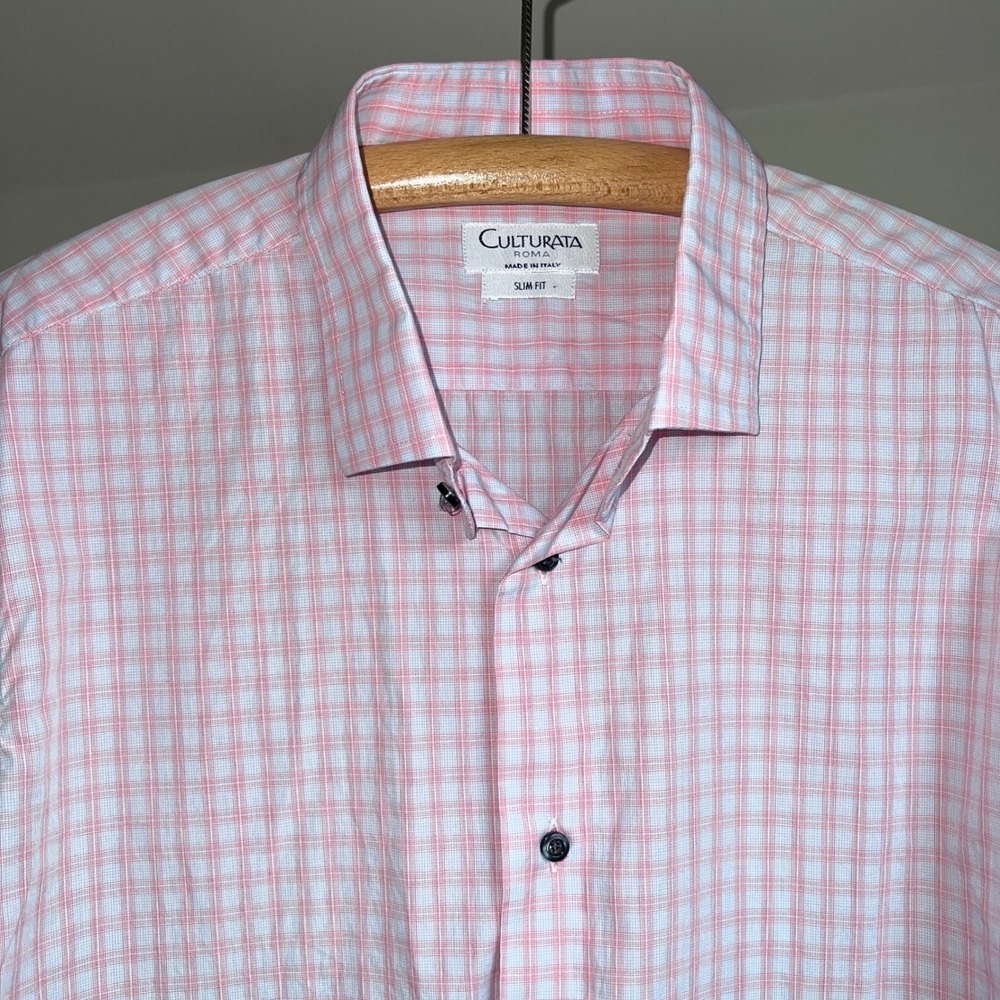 Culturata Roma Button Down Shirt Large Pink Check Slim Fit Made In Italy Luxury
